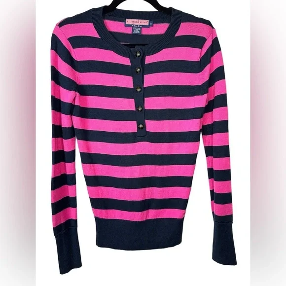 Vineyard Vines S Striped V-Neck Preppy CASHMERE Blend Pink Navy Henley Sweater - Picture 3 of 12